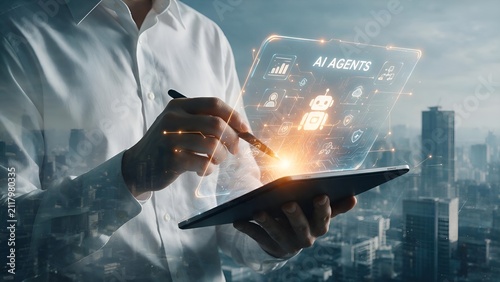 Professional businessman interacting with holographic artificial intelligence interface on modern tablet device featuring glowing futuristic graphics and data visualization charts against blurred metr