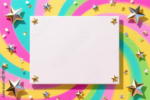 Surrounded by golden and silver stars on a vibrant rainbow background, perfect for a festive holiday greeting card in a playful style.