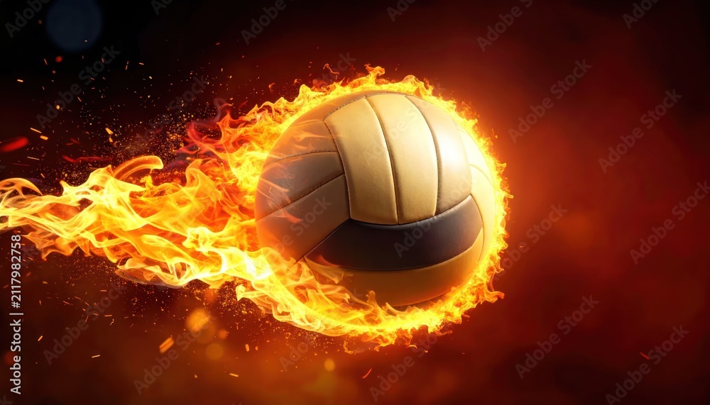 Fototapeta premium Burning volleyball in flight against dark background