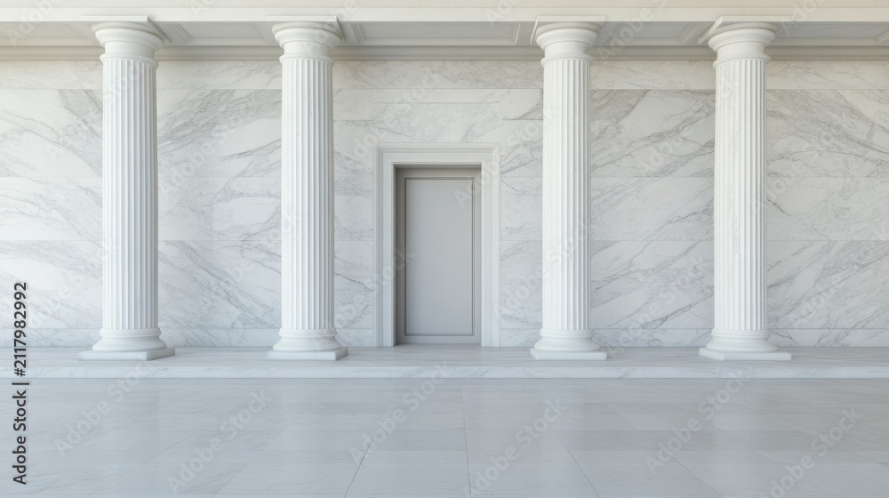 Fototapeta premium Marble Entrance With Sculptural Columns Elegant Symmetry Time Luxury Reception Scene, grand marble lobby interior, luxury atrium architecture, premium hospitality design
