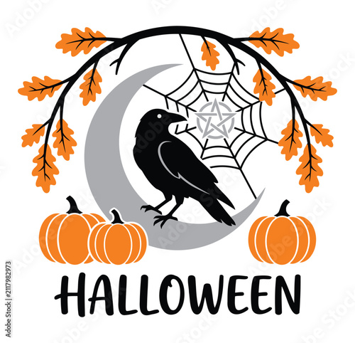 Black raven with pumpkins for halloween