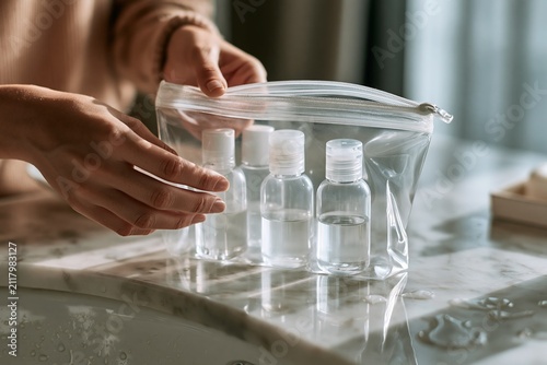 Hand Picking Clear Travel Bottles from Zippered Bag