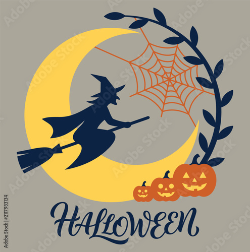 Witch flying on broom at halloween