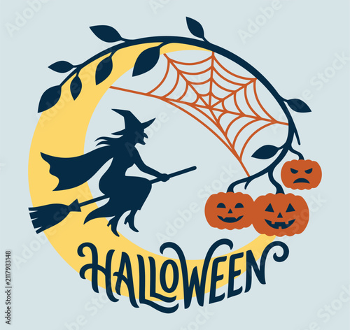 Witch flying with pumpkins halloween