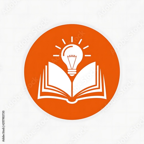 Open book with glowing light bulb icon on orange circle