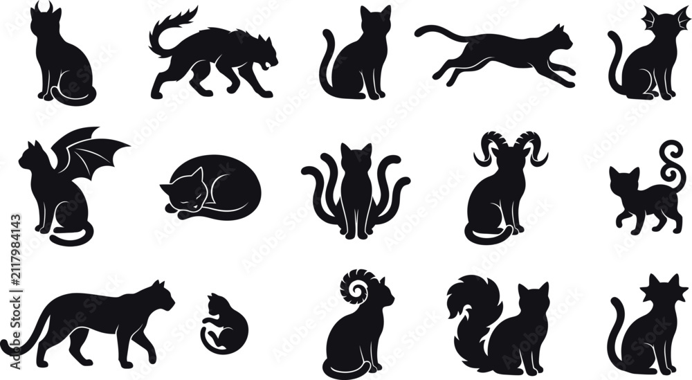 Fototapeta premium Collection of various black cat poses for holiday decorations featuring a distinct and creative artistic halloween cat silhouette