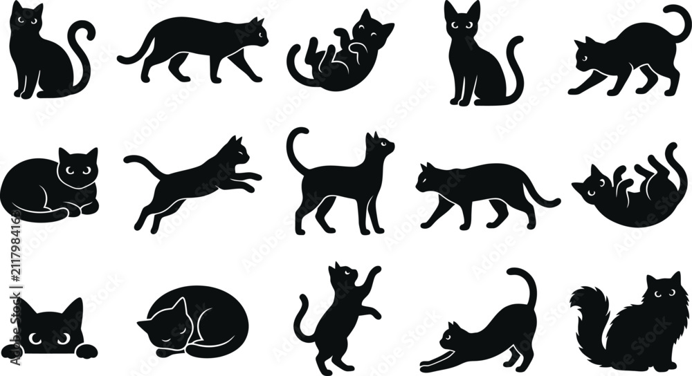 Obraz premium Collection of various black cat poses in a creative artistic style for a spooky halloween cat themed graphic silhouette