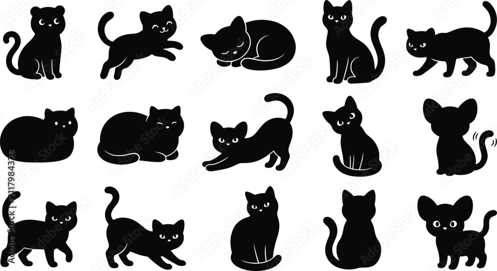 Obraz premium A collection of various cute black cats in different poses designed as a decorative halloween cat art silhouette