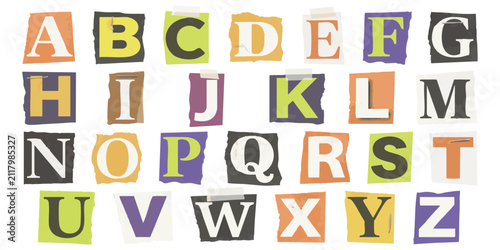 Quadro su tela Alphabet set of colorful letters cut out from magazines and newspapers to form a