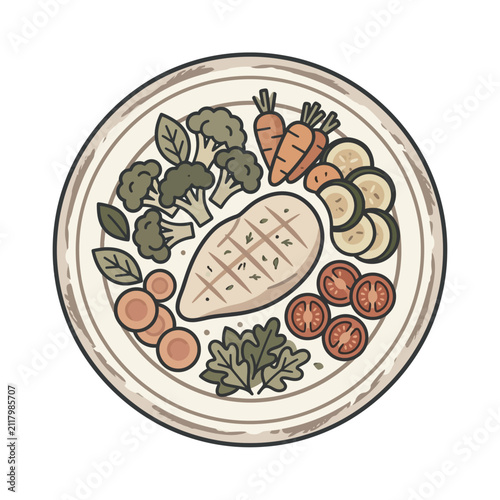Grilled Chicken and Vegetable Plate Hand Drawn Illustration