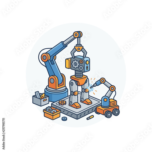 Robotic Arm Assembling Robot Vector Illustration