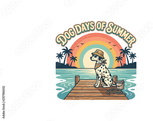 Dog Days of Summer French Bulldog Pool Float Tropical Beach Retro Sunset Vector Illustration