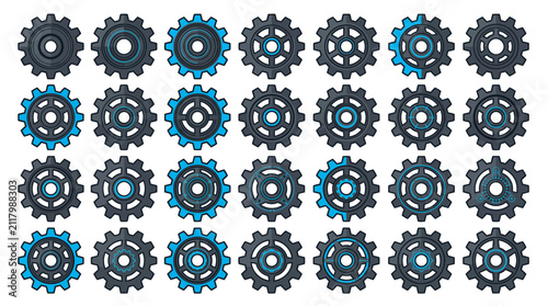 Collection of various modern flat gear icons and mechanical cogwheel symbols with blue digital details on white background, illustrating technical automation and representing system optimization