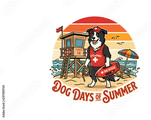 Dog Days of Summer Border Collie Lifeguard Beach Rescue Retro Sunset Vector Illustration