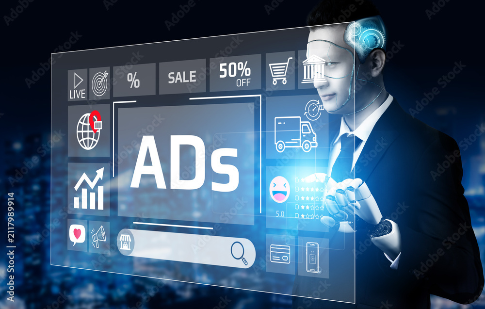 Obraz premium Business Professional Interacting with Digital Advertising Interface in Modern City Background, Showcasing Sales and Marketing Concepts, Technology Integration. Entropy.