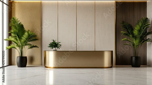 Luxury Office Reception With Brass Detailing Modern Architect Premium Waiting Area Composition, luxury office reception interior, executive business lobby, premium corporate design