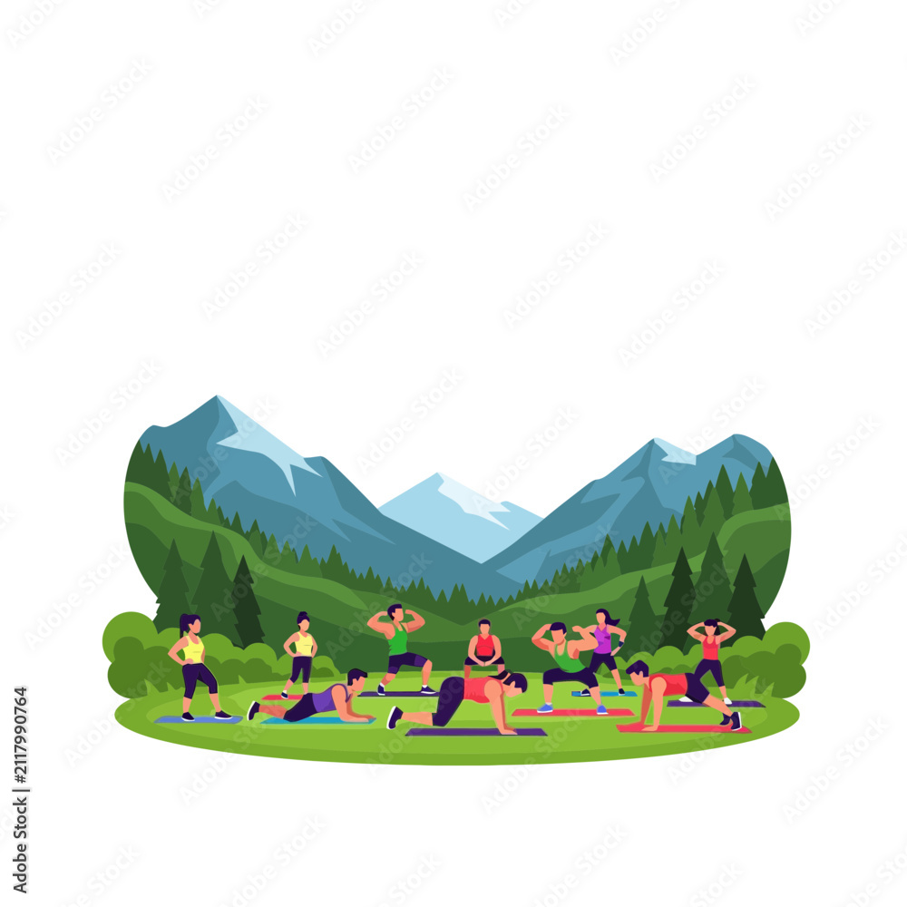 Naklejka premium Outdoor Fitness Class in Mountain Scenery