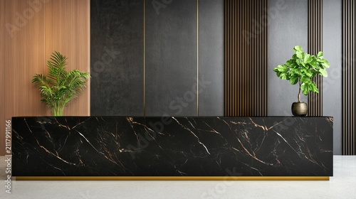 Premium Reception Lobby Black Marble Desk Bronze Detailing Premium Waiting Area Composition, luxury office reception interior, executive business lobby, premium corporate design