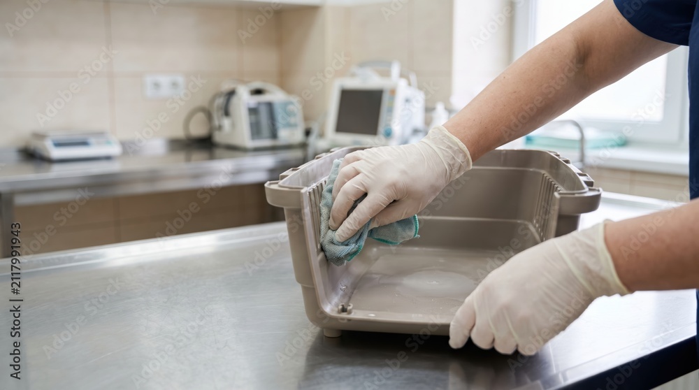 Fototapeta premium Veterinarian assistant in gloves cleaning a plastic pet carrier with a microfiber cloth