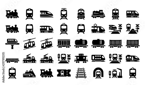 Bild auf Leinwand Railway Transportation Black Train Silhouette Collection with Metro Bullet and F