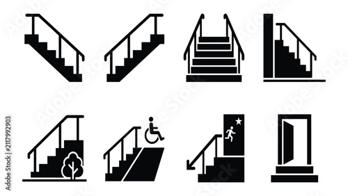 Stairs and emergency exit icon set with handrail, wheelchair ramp, outdoor garden, and open door, black solid pictogram vector