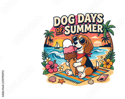 Dog Days of Summer Cute Beagle Eating Ice Cream on Tropical Beach with Sunset Vector Illustration