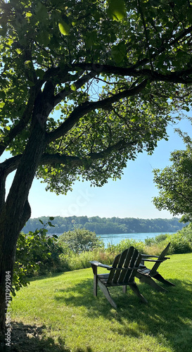 Adirondack Chairs Lounge on Hillside Overlooking River