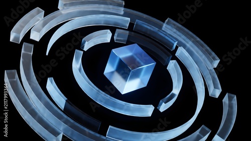Futuristic geometric cube floating within glowing concentric digital rings against dark space