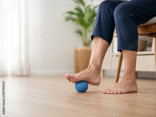Senior woman doing foot massage with spiked ball for physical therapy at home. Elderly patient exercising to relieve heel pain and stiffness. Rehabilitation wellness recovery concept.