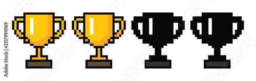 Obraz na płótnie Pixel Art Trophies: A set of four pixel art trophies, two golden and two silhouetted, presented in a classic video game style