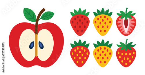 Foto Fresh Fruit Medley: A vibrant assortment of juicy strawberries and a bright red apple, showcasing the natural sweetness and wholesome goodness of fresh produce