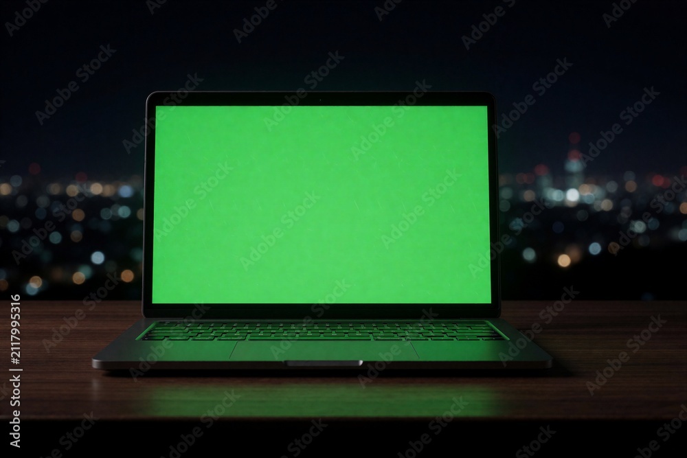 Fototapeta premium Modern laptop with green screen sits on wooden table. Blurred city lights background at night. Empty screen for custom content. Device ready for work.