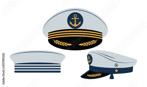Bild auf Leinwand Nautical Headwear Collection: A set of three distinct nautical caps, including a captain's hat adorned with an anchor emblem and gold insignia, a sailor's hat with striped band