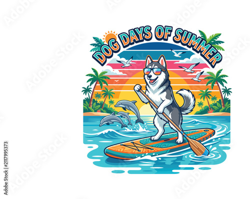 Dog Days of Summer Corgi Surfing Tropical Beach Waves Retro Sunset Vector Illustration