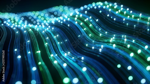 Futuristic digital network of interconnected glowing nodes flowing through abstract data waves