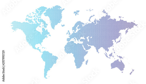 Quadro su tela Global Connection: A stylized world map, composed of countless tiny dots, displays a gradient of cool blues and soft purples, representing interconnectedness and global reach