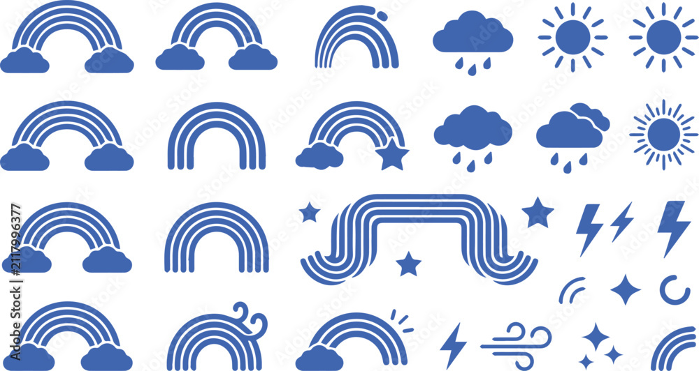 Fototapeta premium Weather icon collection featuring rainbows sun clouds and atmospheric elements forecast meteorology atmospheric lightning elements collection meteorological phenomena illustration isolated