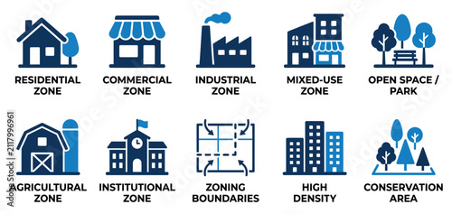 Set of ten icons showing different types of land use zones including residential commercial and industrial Minimal solid fill icon set bundle collection. Editable Vector Illustration Mega pack