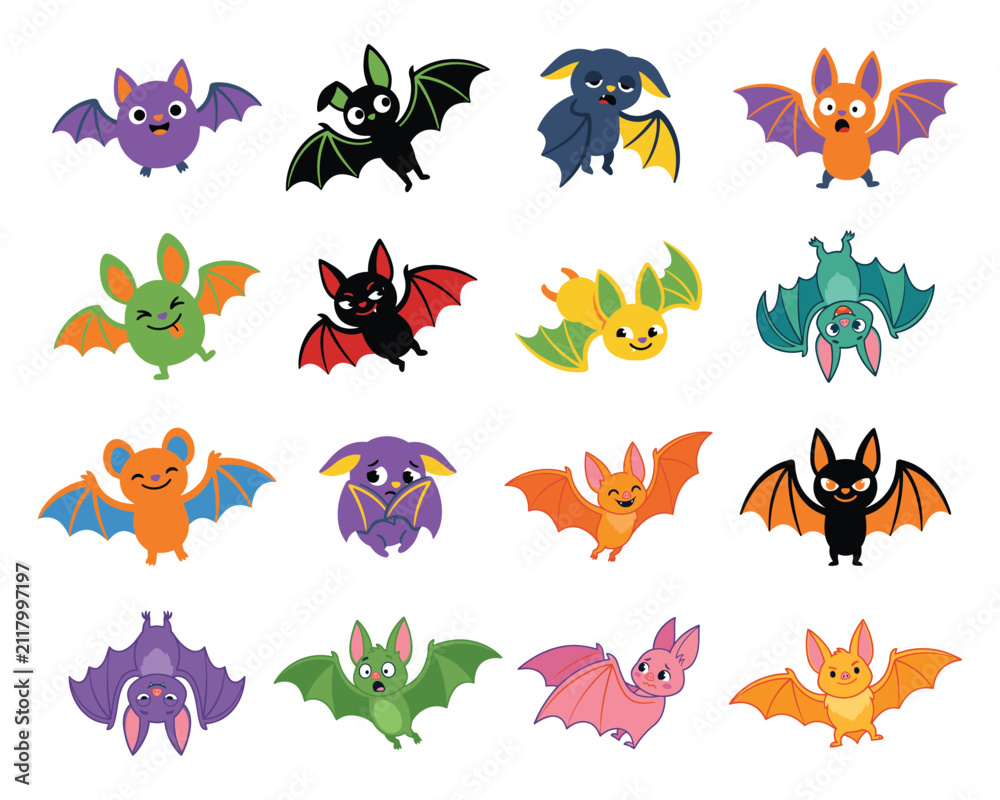 Obraz premium Cute Halloween bats vector set. Flying and hanging colorful bat character illustrations with funny expressions for kids stickers and patterns.