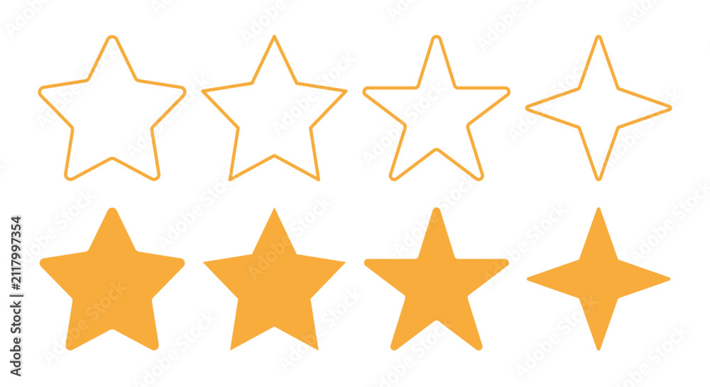 Obraz premium Star shape collection. Set of outline and solid star, sparkle, and decorative elements representing rating, quality, success, excellence, reward, recognition, and premium status.