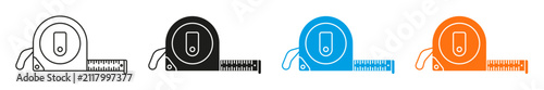 Tape measure icon. Retractable ruler and measuring tool symbols representing length, dimensions, sizing, construction, carpentry, tailoring, engineering, and accuracy. Editable outline and solid style