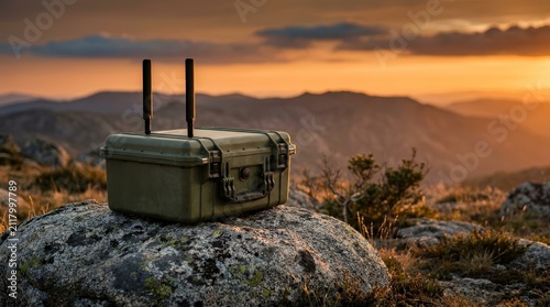 Green military storage case with antennas on a rock at sunset in a mountain landscape.