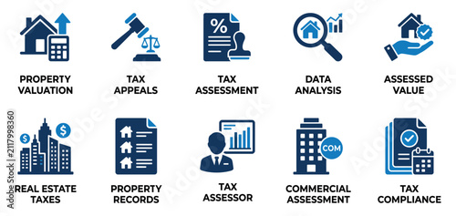 Foto Set of ten real estate tax and property valuation icons for financial business and audit reports Minimal solid fill icon set bundle collection