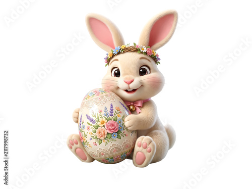 Sitting Easter bunny holding a vintage floral egg isolated on transparent background for spring