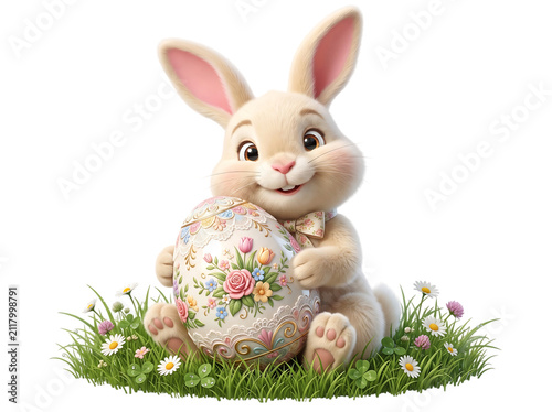 Cheerful Easter bunny with a floral egg isolated on transparent background for seasonal greeting