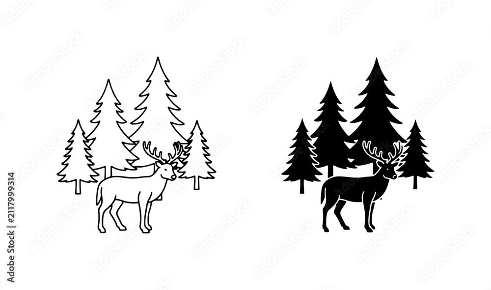 Obraz premium Deer in Forest Silhouette Vector Set, Wildlife Nature Graphic Elements, Woodland Animal Icon