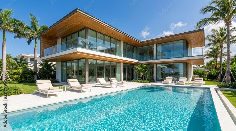 Fototapeta premium Modern luxury villa featuring a large swimming pool and green lawn with palm trees.