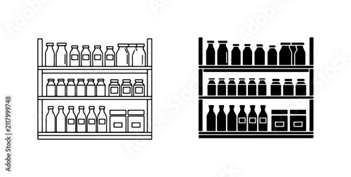 Pantry Shelves with Jars and Bottles, Food Storage Icons, Vector Set
