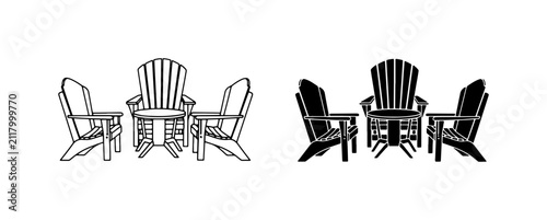 Fotografie Adirondack Chairs and Table Set, Outdoor Furniture Icons, Black and White Vector