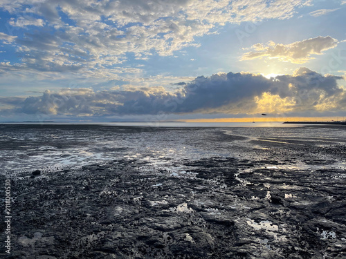 Sunrise over low tide mudflats at Wynnum waterfront, Moreton Bay